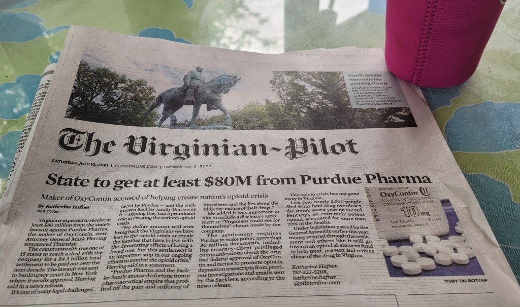 Front page of the Virginian Pilot.  Headline: State to get at least 80M from Perdue Pharma

